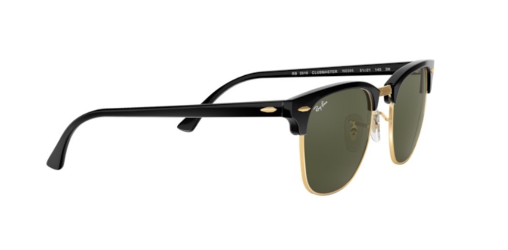 Ray-Ban Clubmaster | Lentes minerais verde G-15 | Preto e metal dourado